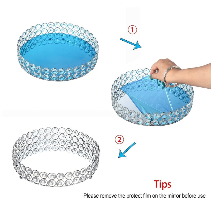 Feyarl Crystal Perfume Tray Cosmetic Makeup Vanity Tray Jewelry Trinket Organizer Mirrored Decorative Tray for Home Deco Christmas Birthday Gift(Round 10" inch) (Silver) - Image 5
